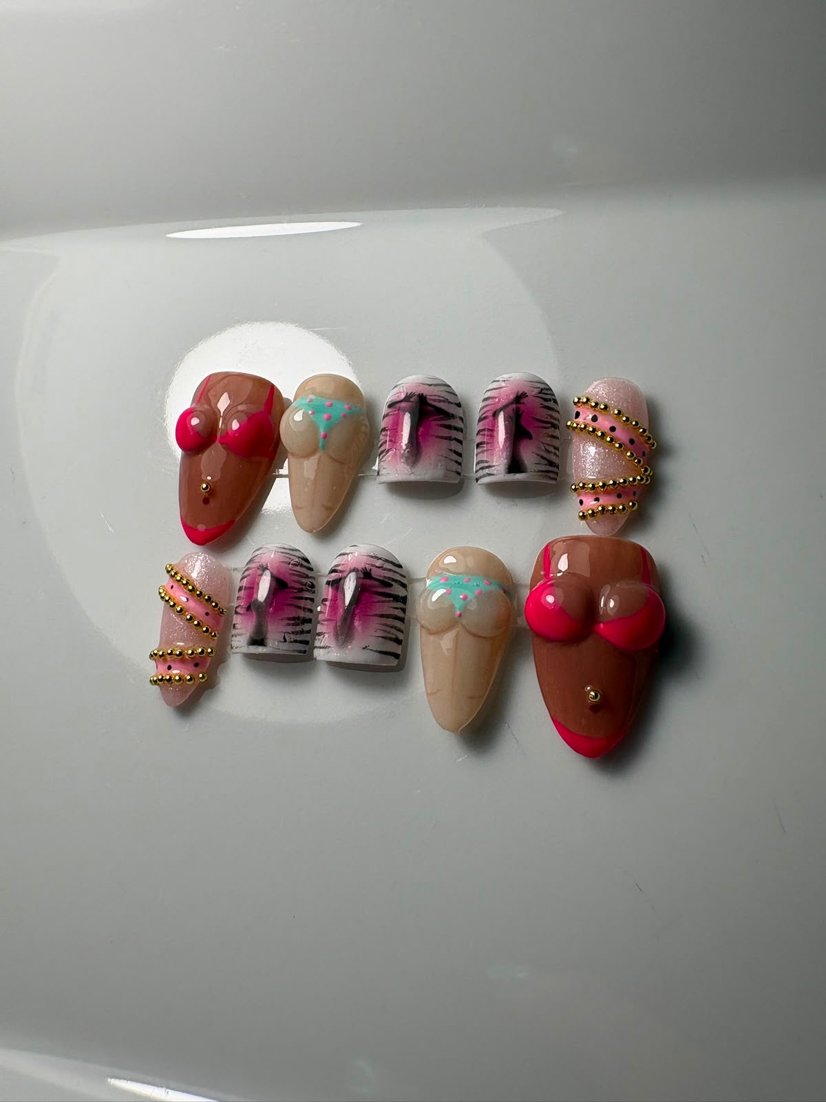 Hand-painted press-on nails in a stiletto shape, Girls girl  design, photo 5