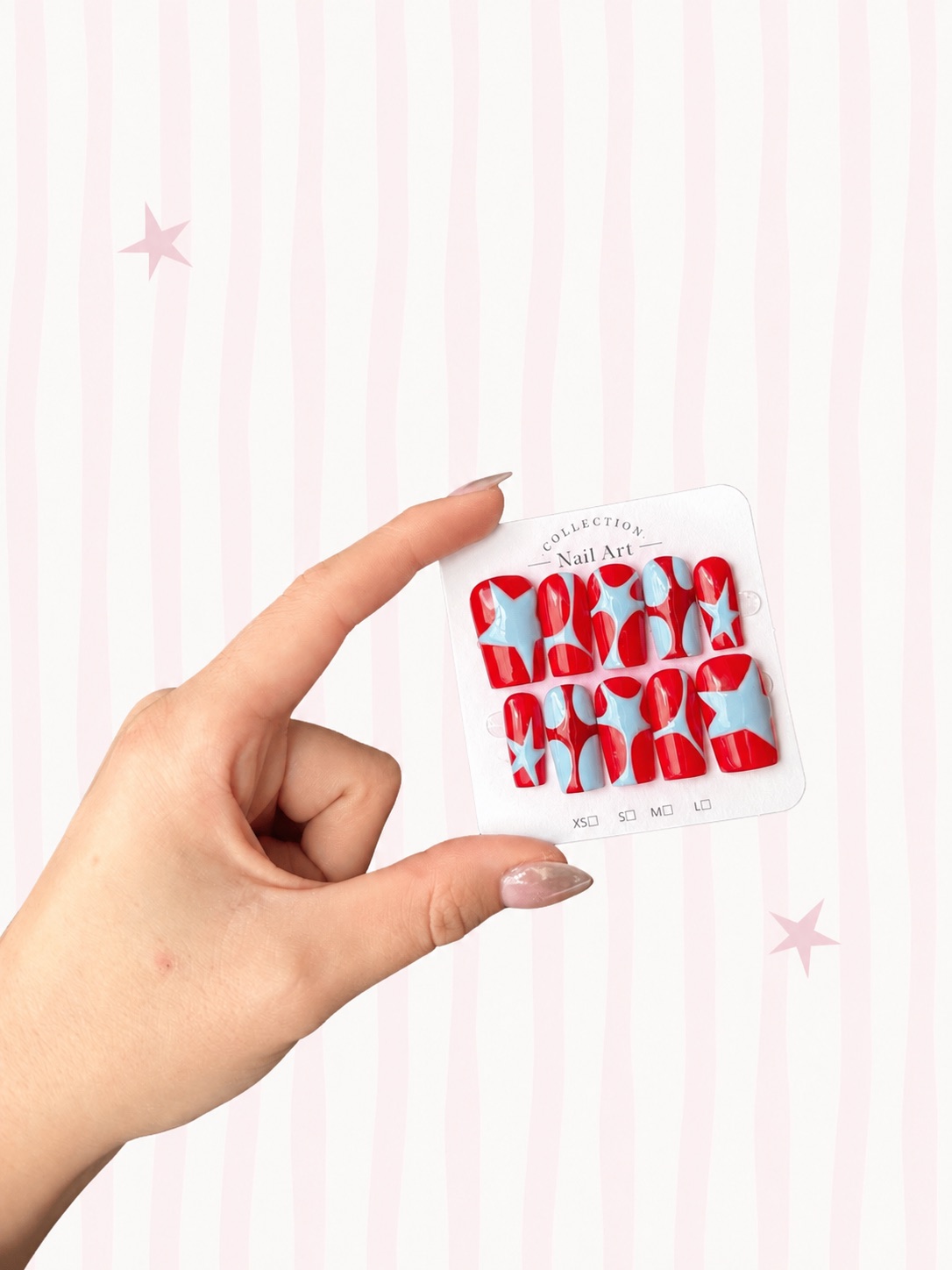 Hand-painted press-on nails in a square shape, Cherry ice design