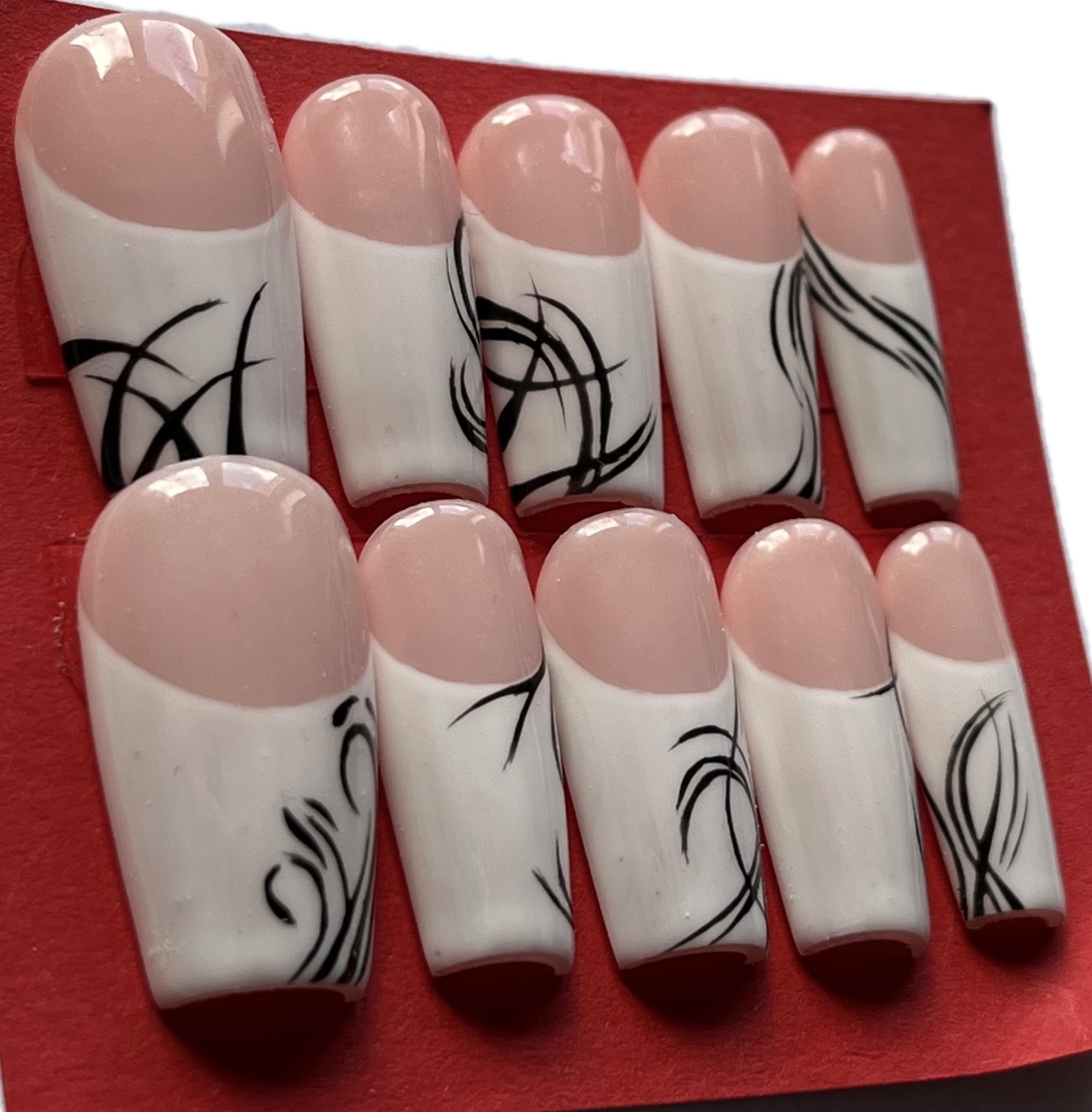 Hand-painted press-on nails in a coffin shape, Tribal French  design, photo 3