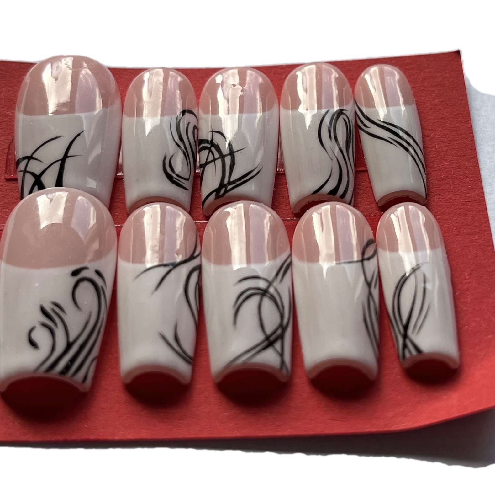 Hand-painted press-on nails in a coffin shape, Tribal French  design, photo 4