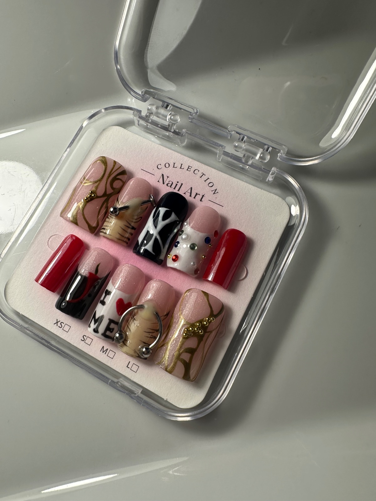 Hand-painted press-on nails in a square shape, NYC design, photo 4