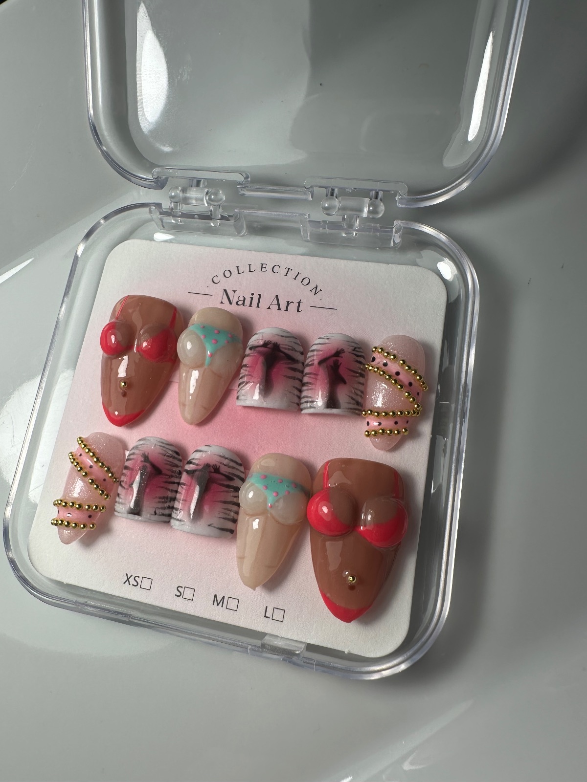 Hand-painted press-on nails in a stiletto shape, Girls girl  design, photo 4