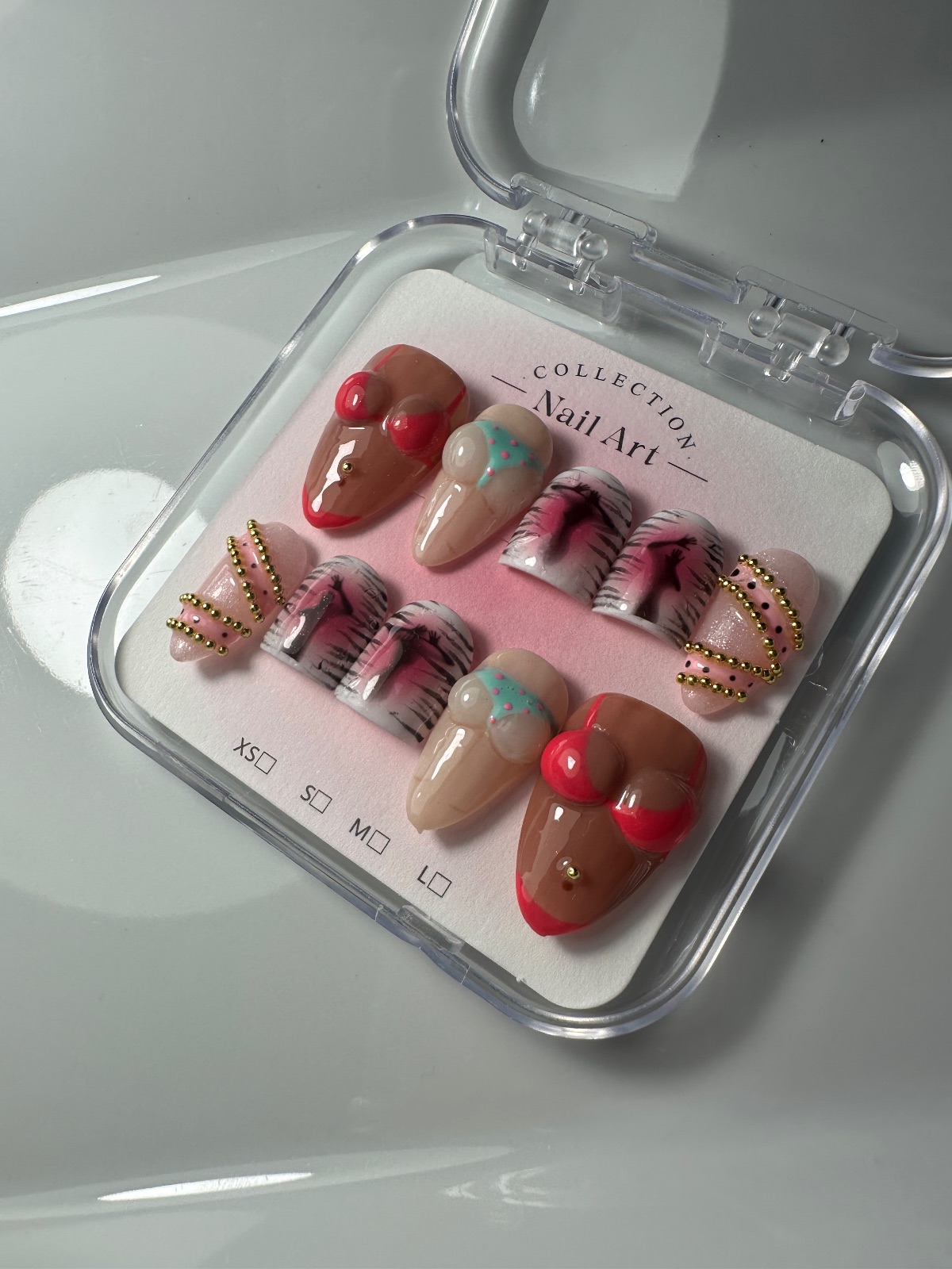 Hand-painted press-on nails in a stiletto shape, Girls girl  design, photo 3