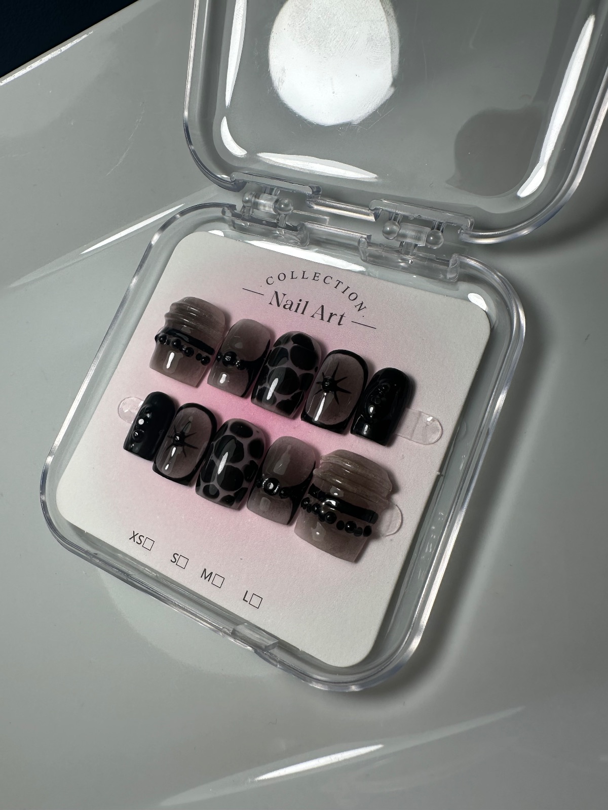 Hand-painted press-on nails in a square shape, Black cat design, photo 3