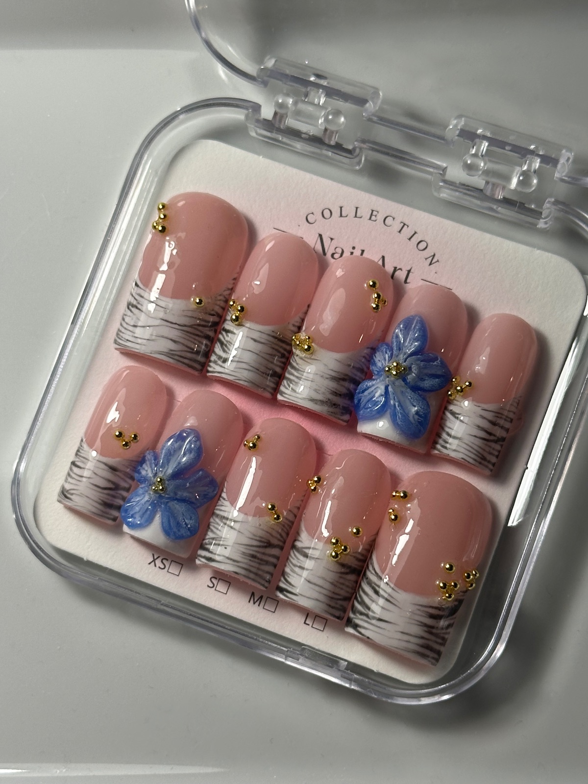 Hand-painted press-on nails in a square shape, Blue Venom design, photo 2