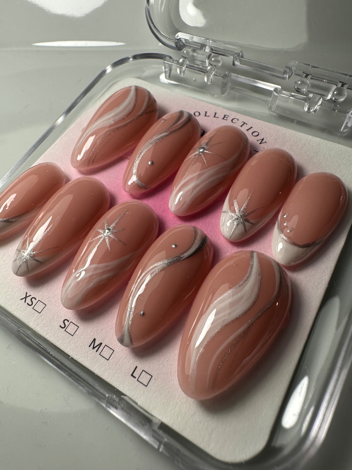 Hand-painted press-on nails in an almond shape, Moonlit design, photo 6