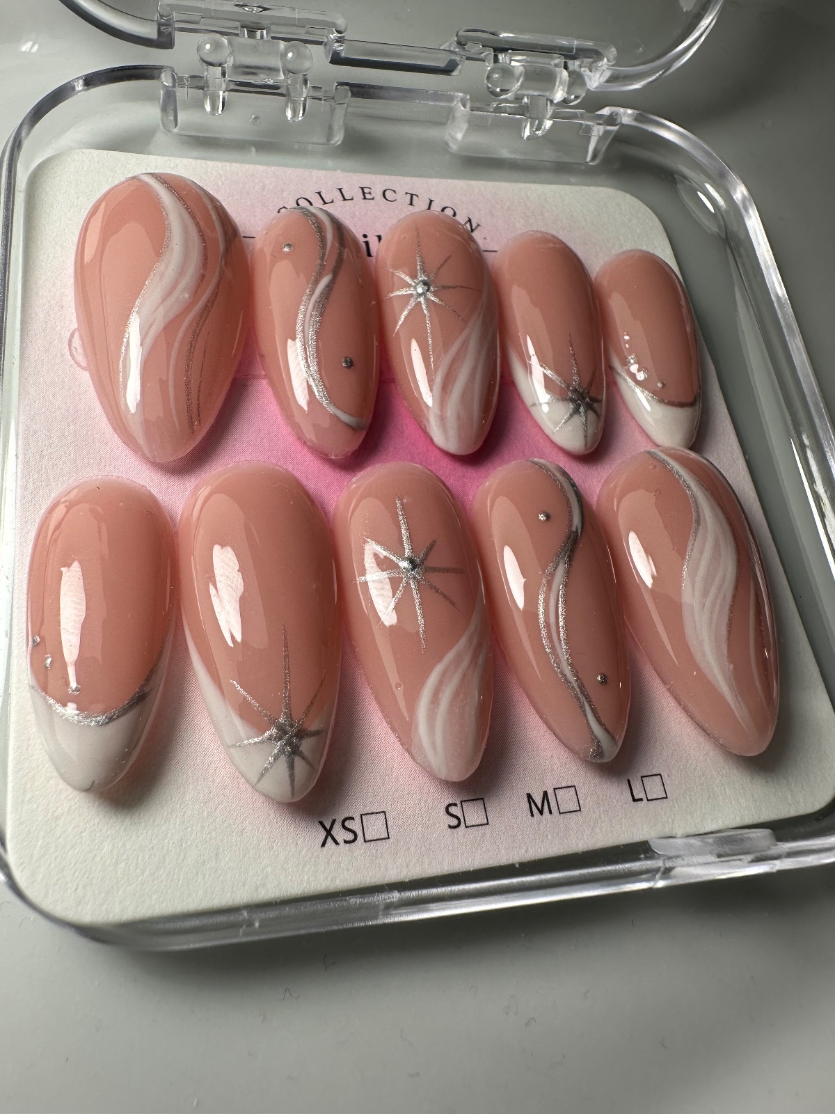 Hand-painted press-on nails in an almond shape, Moonlit design, photo 7