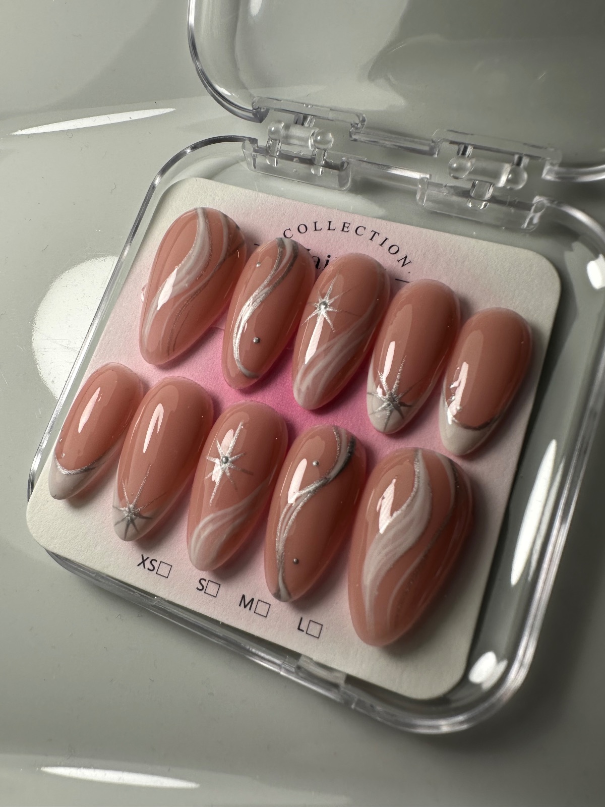 Hand-painted press-on nails in an almond shape, Moonlit design, photo 5