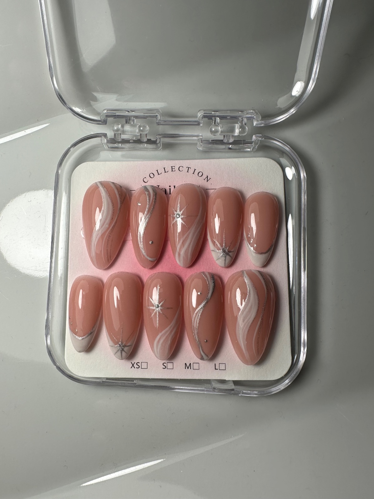 Hand-painted press-on nails in an almond shape, Moonlit design, photo 2