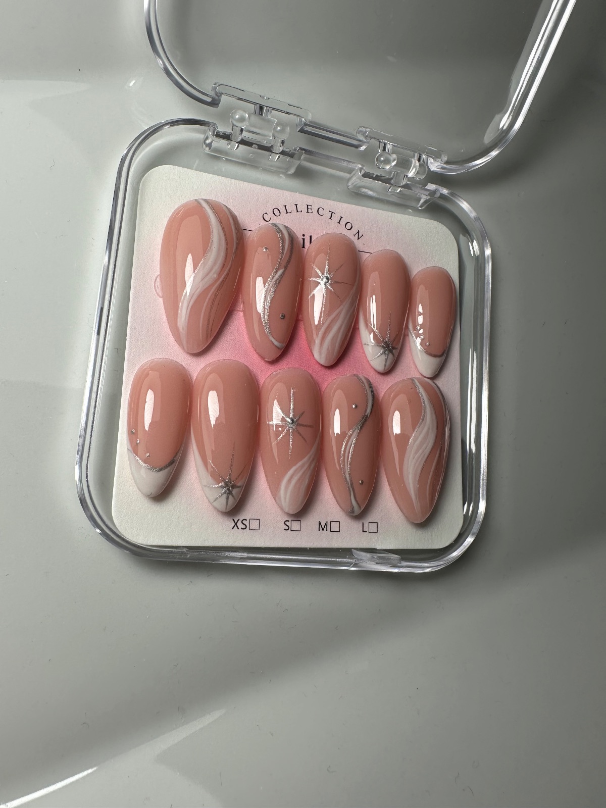 Hand-painted press-on nails in an almond shape, Moonlit design, photo 4