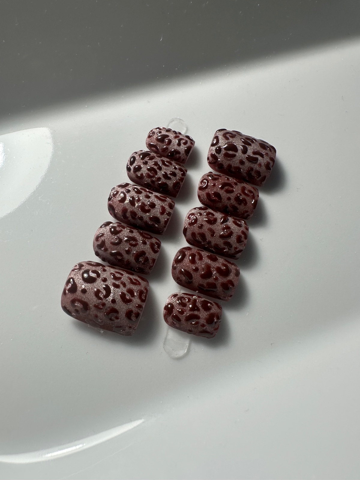 Hand-painted press-on nails in a square shape, Velvet choco design, photo 6