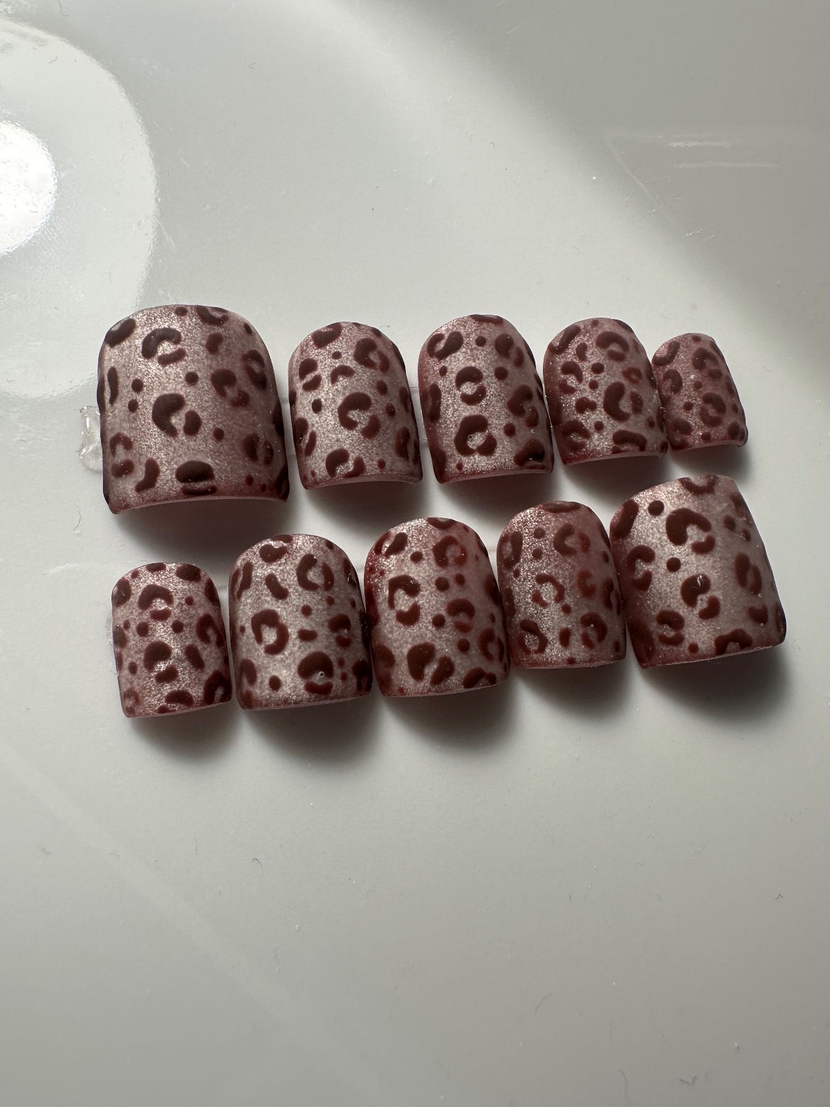 Hand-painted press-on nails in a square shape, Velvet choco mat design
