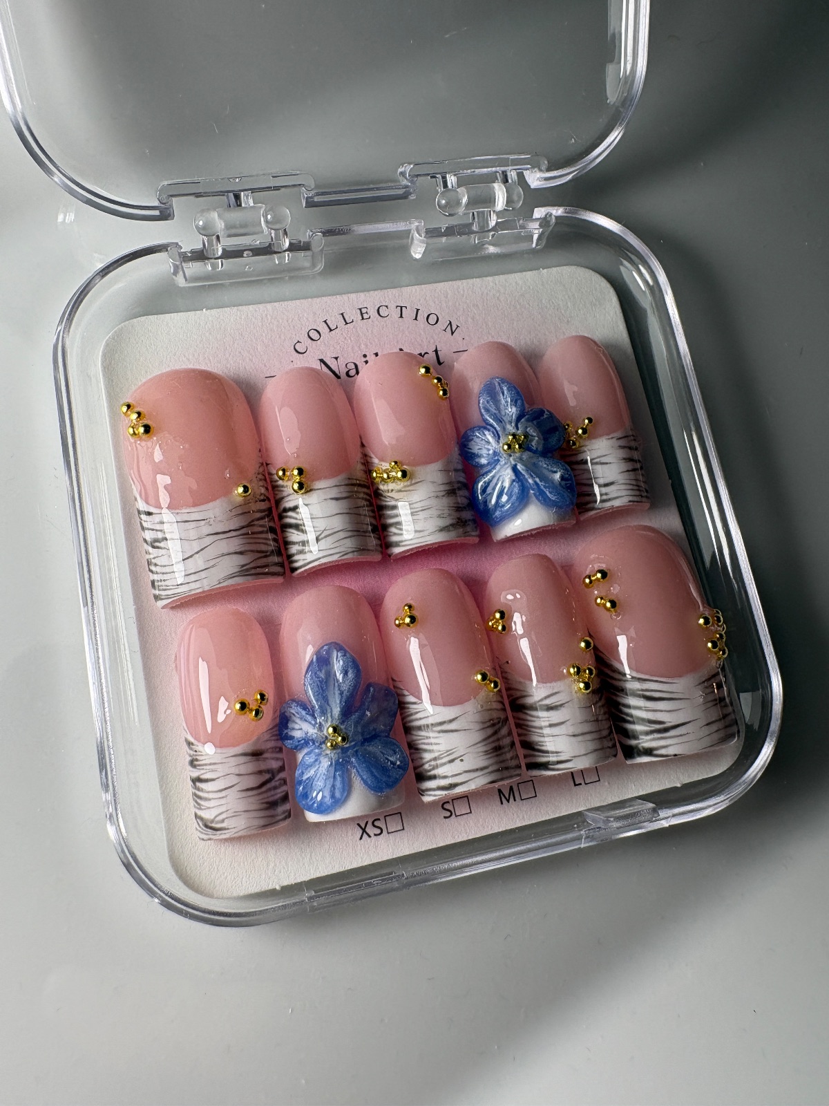 Hand-painted press-on nails in a square shape, Blue Venom design, photo 5