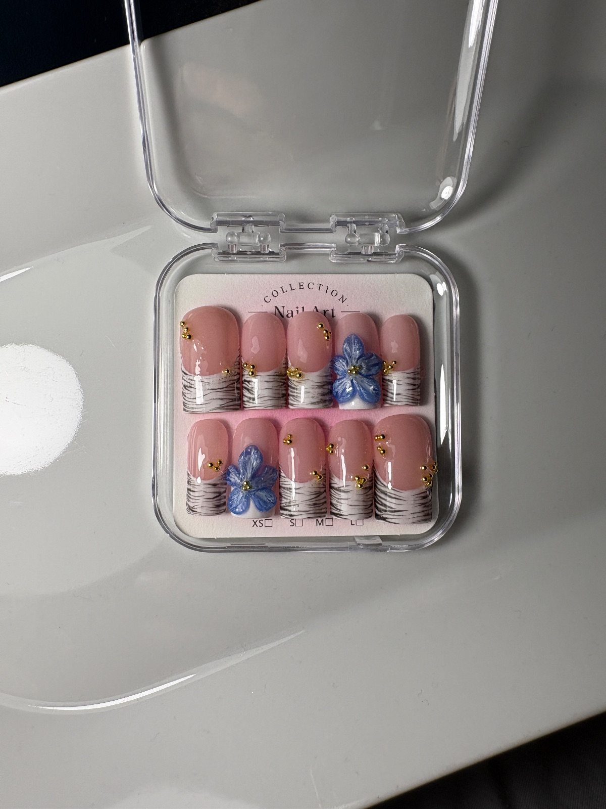Hand-painted press-on nails in a square shape, Blue Venom design, photo 6