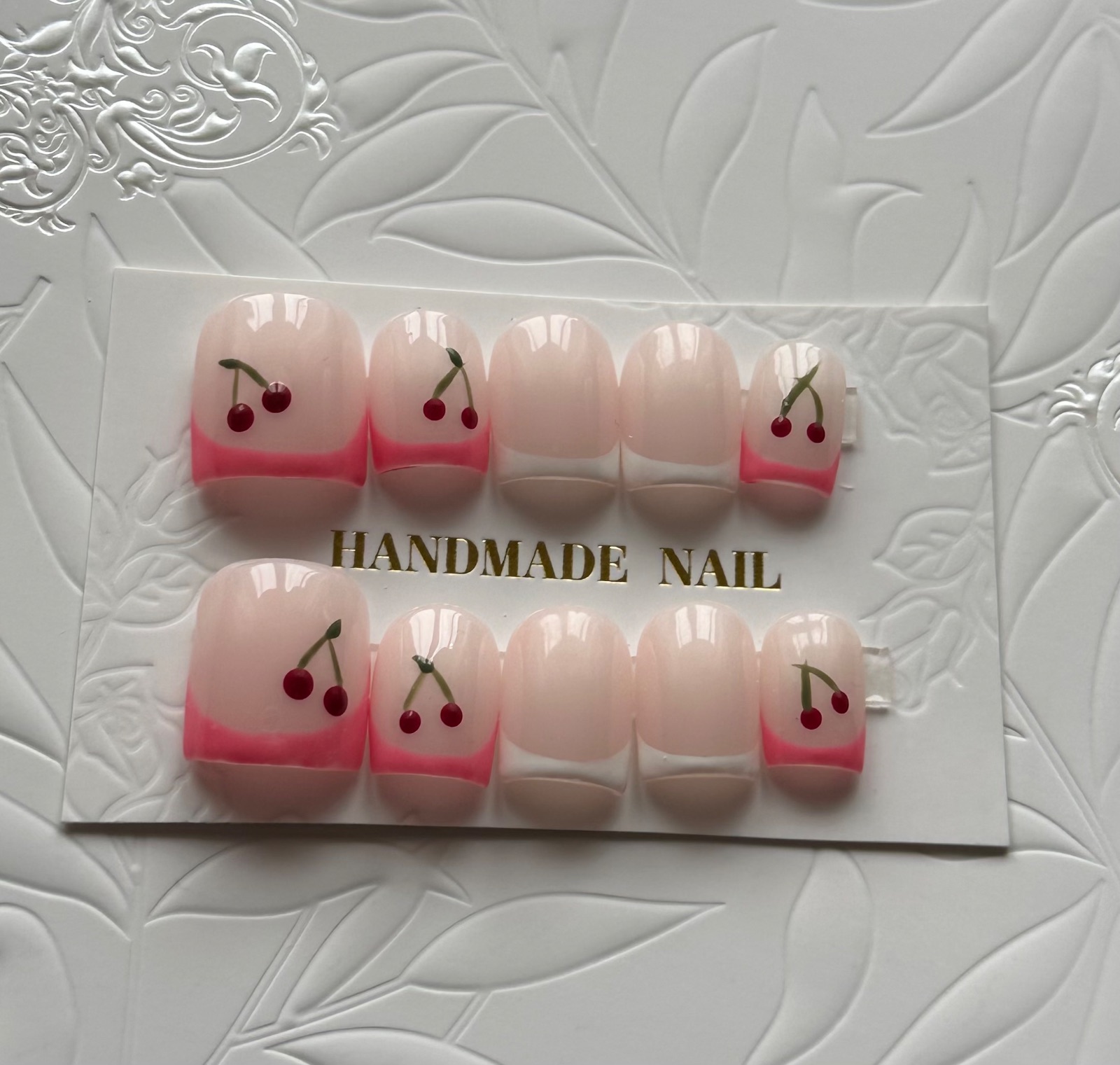 Hand-painted press-on nails in a square shape, Cherry French  design