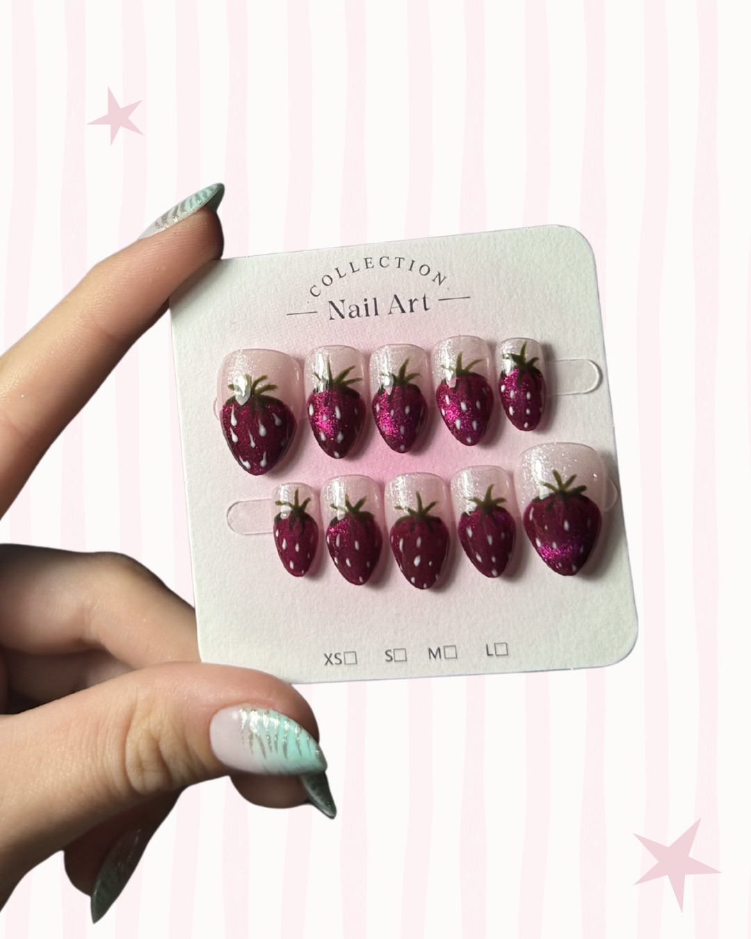 Hand-painted press-on nails in an almond shape, Strawberry shortcake  design