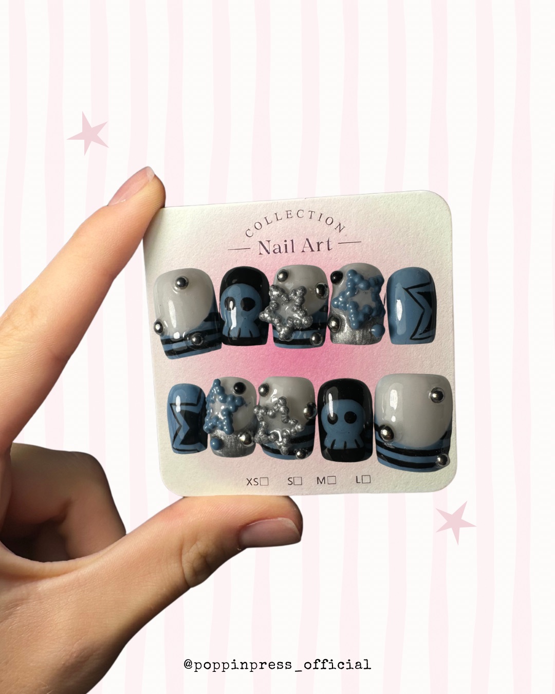 Hand-painted press-on nails in a square shape, Punk PUNK design