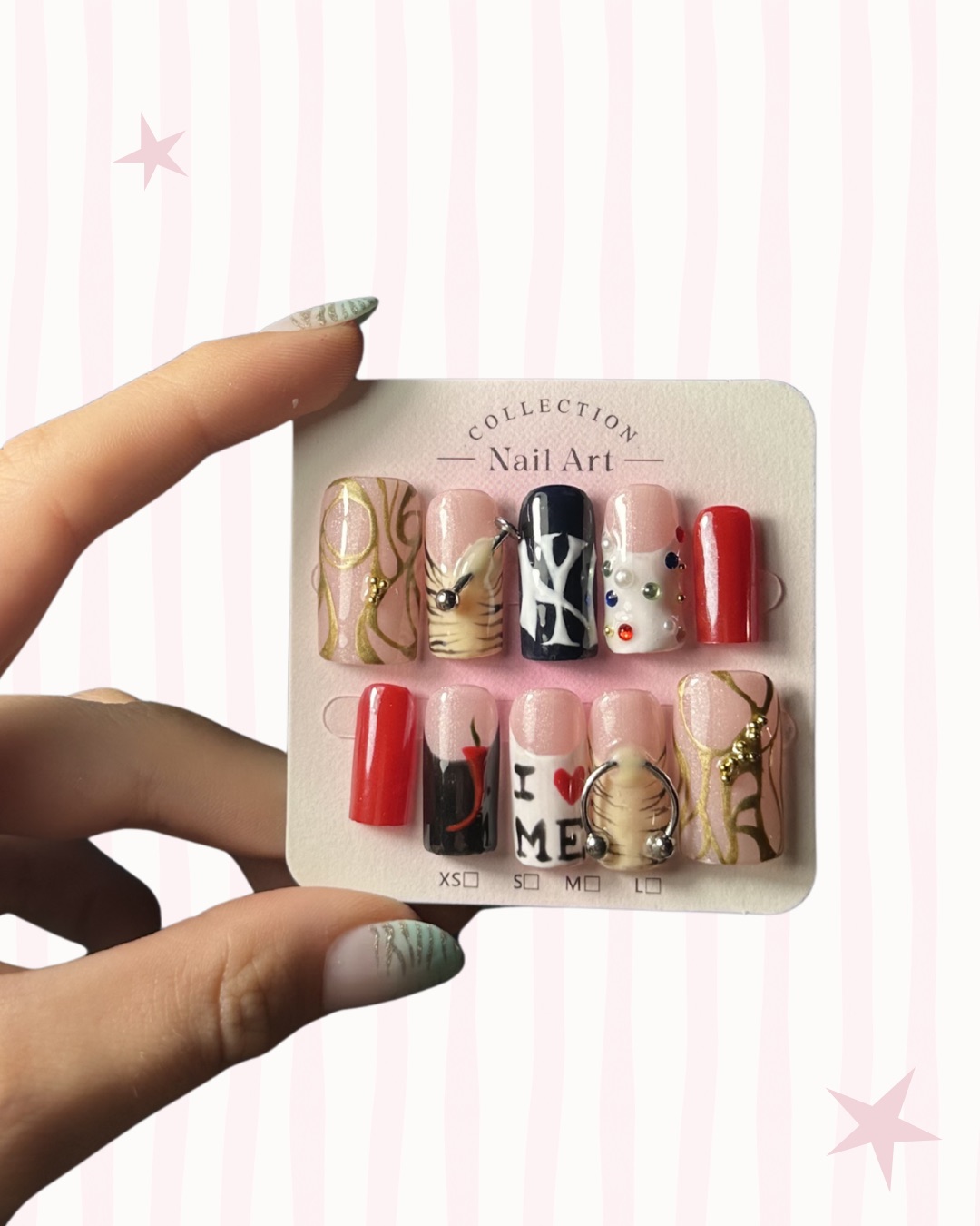Hand-painted press-on nails in a square shape, NYC design