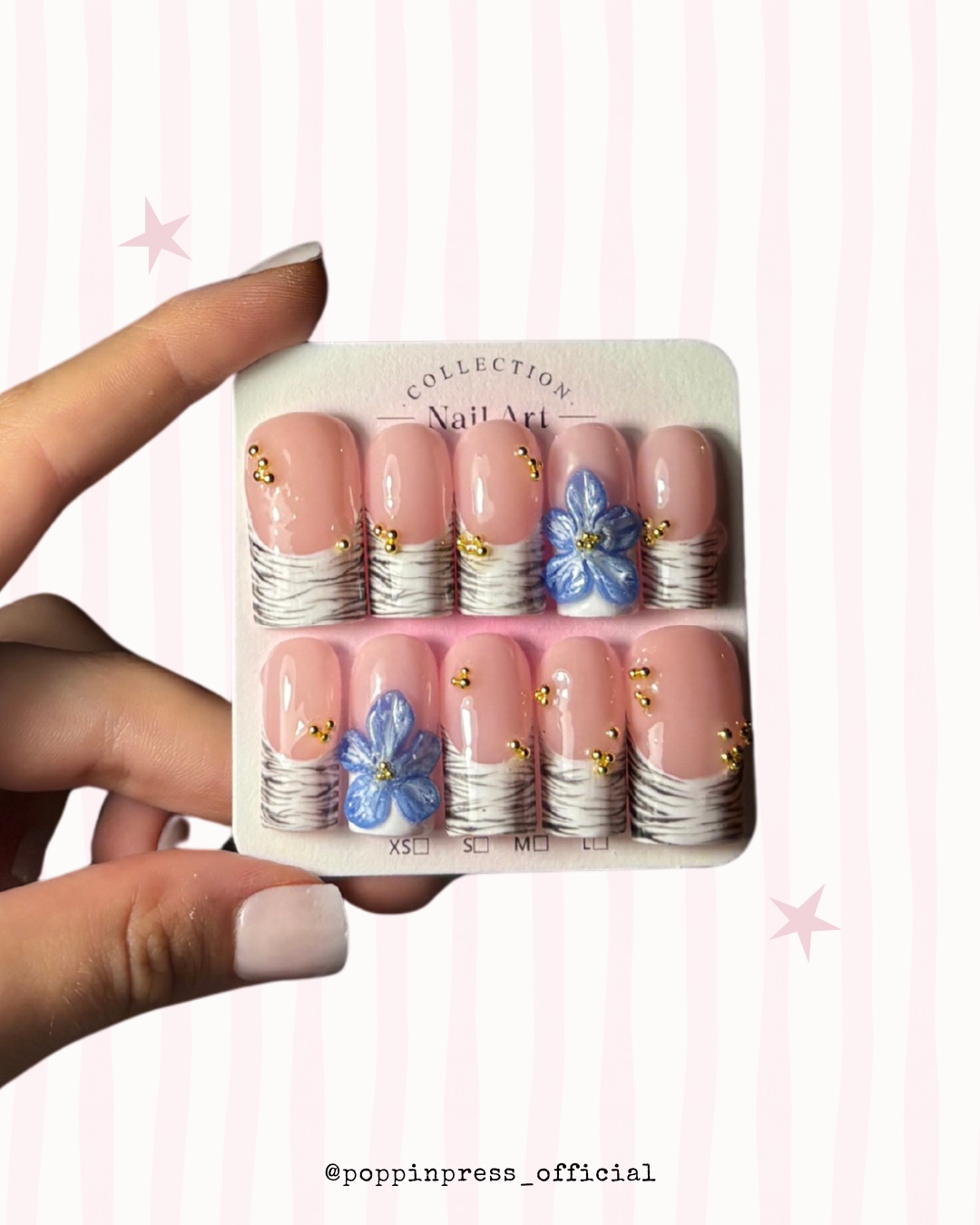 Hand-painted press-on nails in a square shape, Blue Venom design