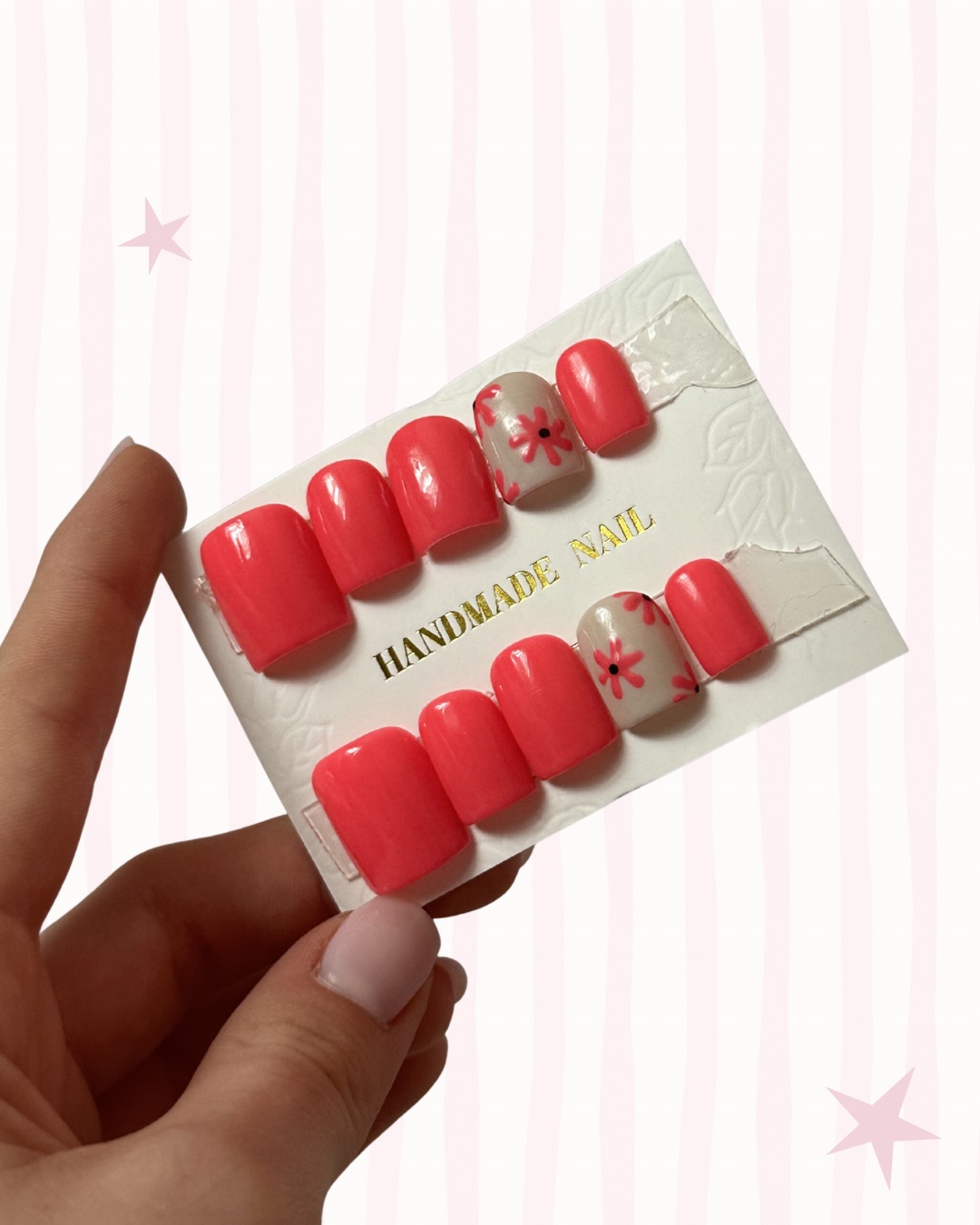 Hand-painted press-on nails in a square shape, Flamingo design