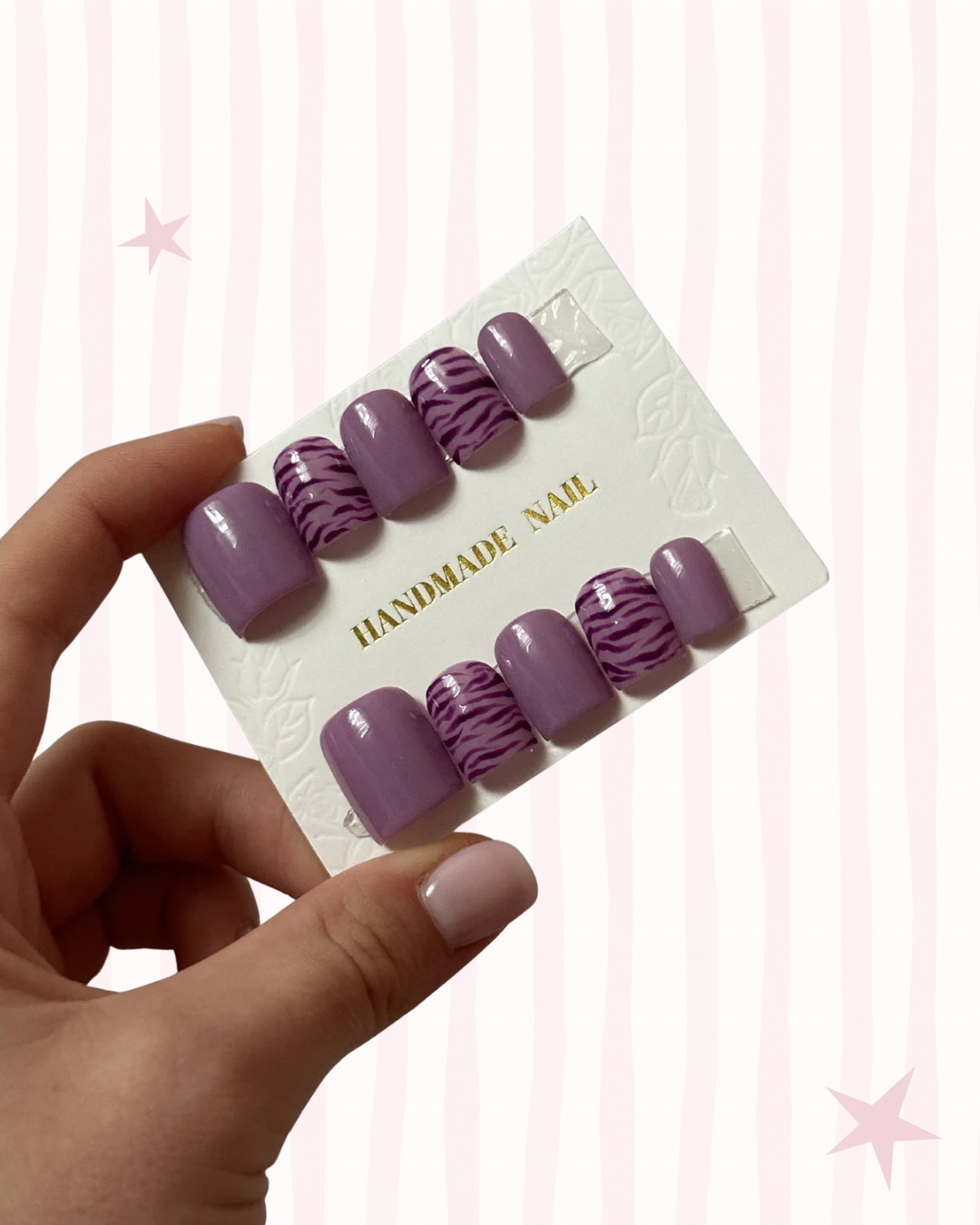 Hand-painted press-on nails in a square shape, Zebra chic  design