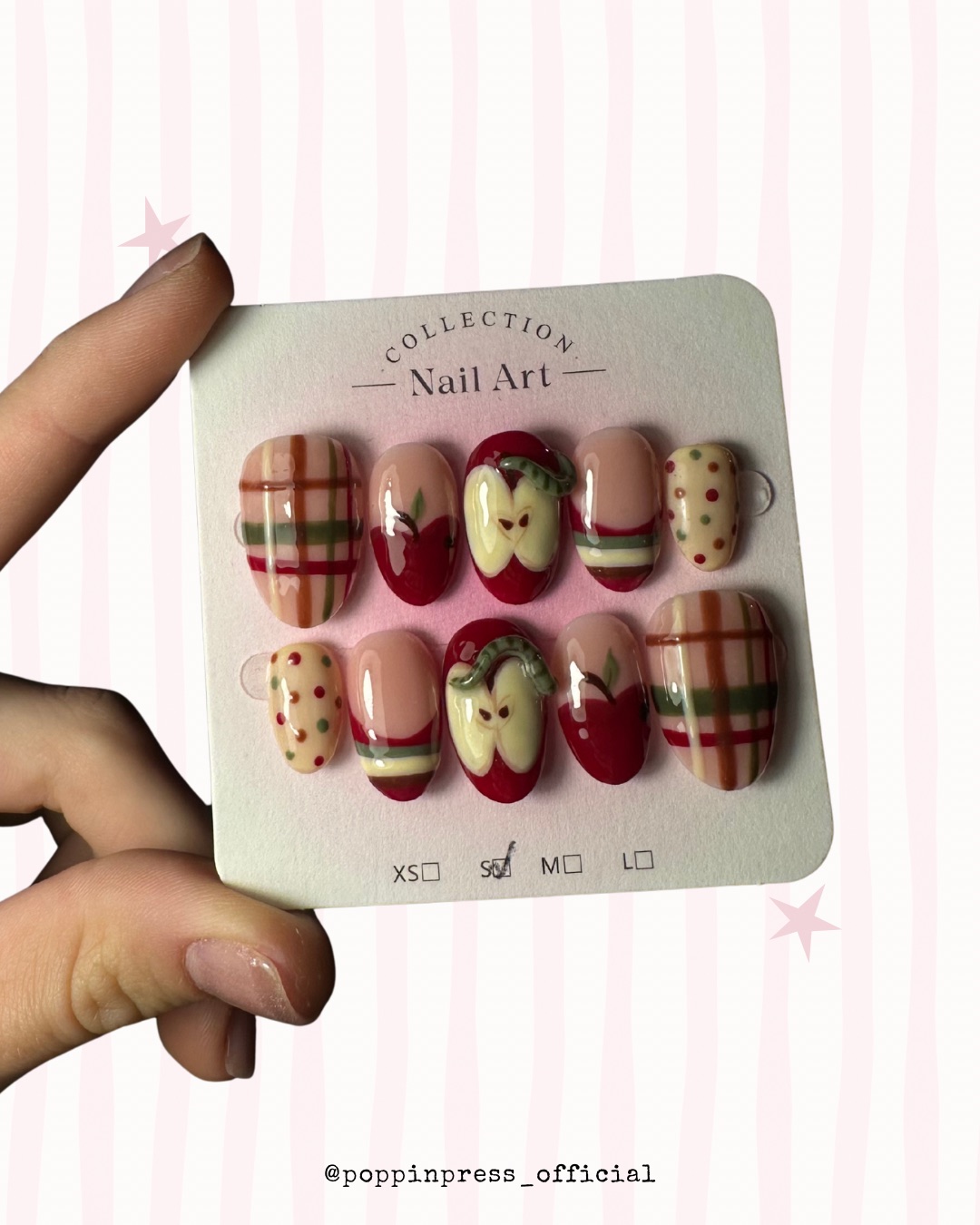 Hand-painted press-on nails in an oval shape, Sweater weather design