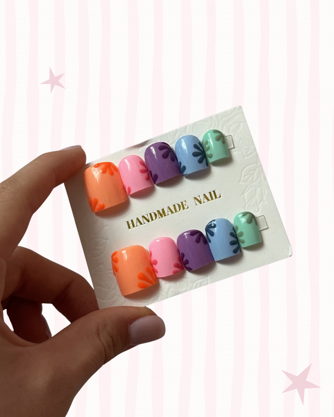 Hand-painted press-on nails in a square shape, Gelato  design