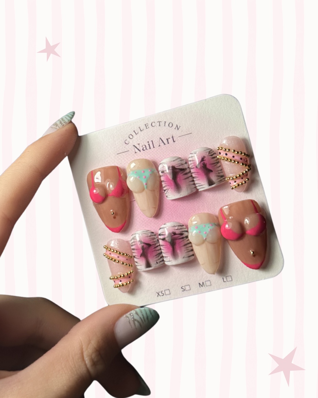 Hand-painted press-on nails in a stiletto shape, Girls girl  design