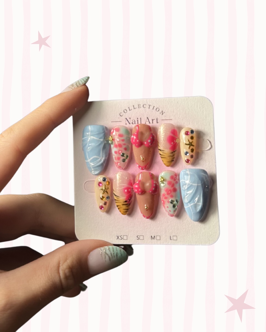 Hand-painted press-on nails in a stiletto shape, BIKINI SET design