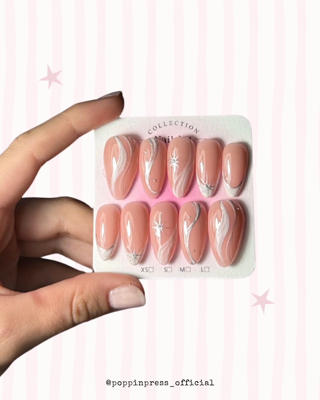 Hand-painted press-on nails in an almond shape, Moonlit design