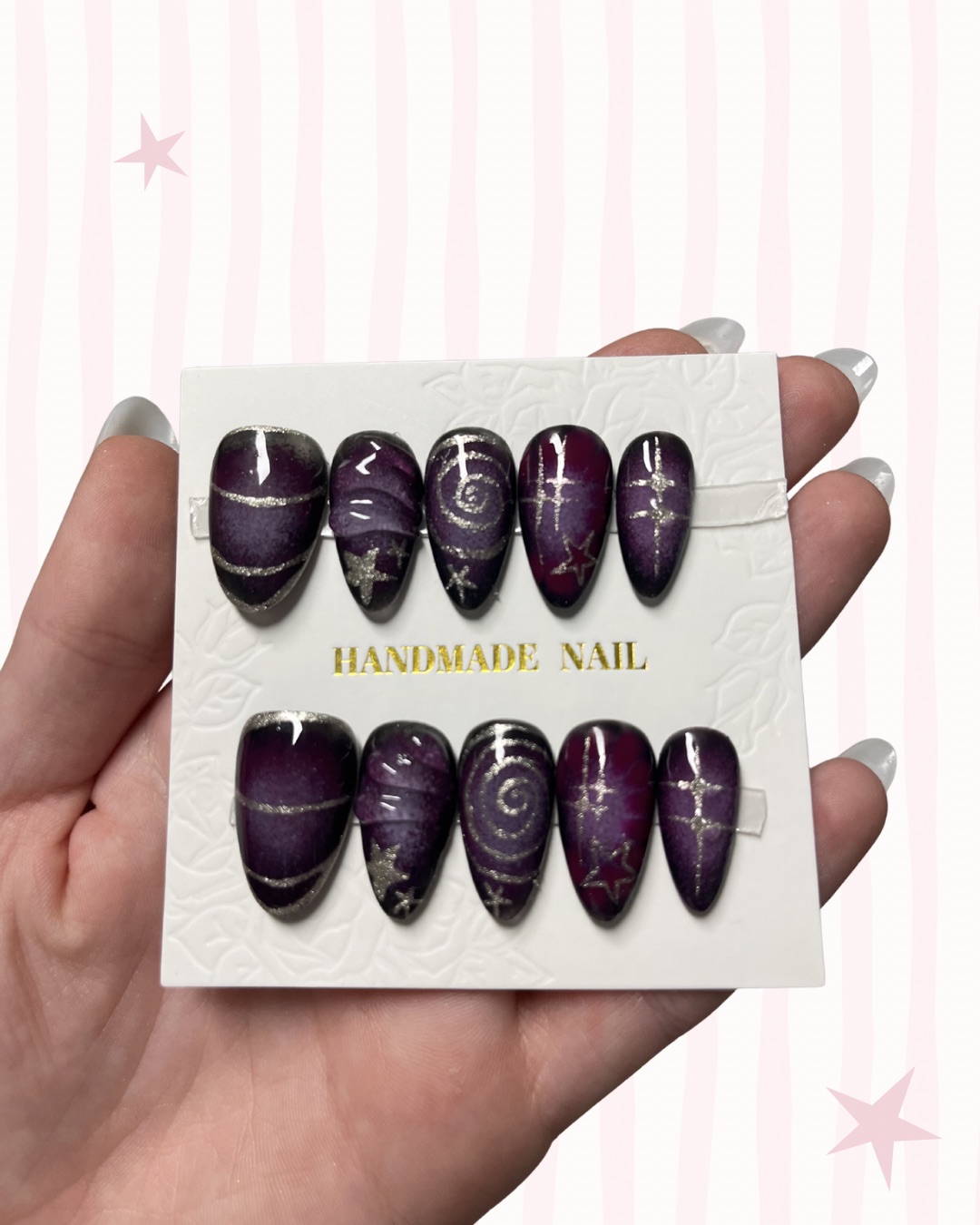 Hand-painted press-on nails in an almond shape, Purple craze  design