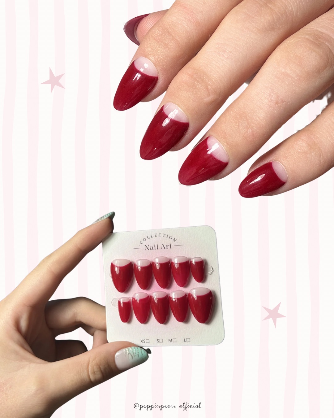Hand-painted press-on nails in an almond shape, Retro red design, photo 5