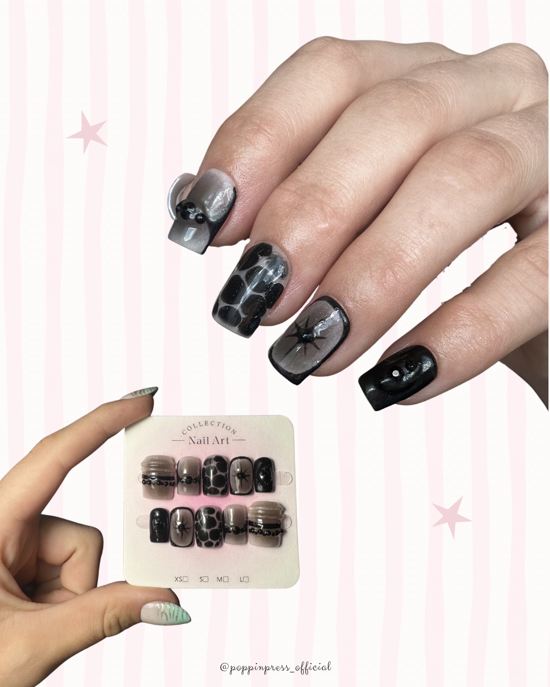 Hand-painted press-on nails in a square shape, Black cat design, photo 6