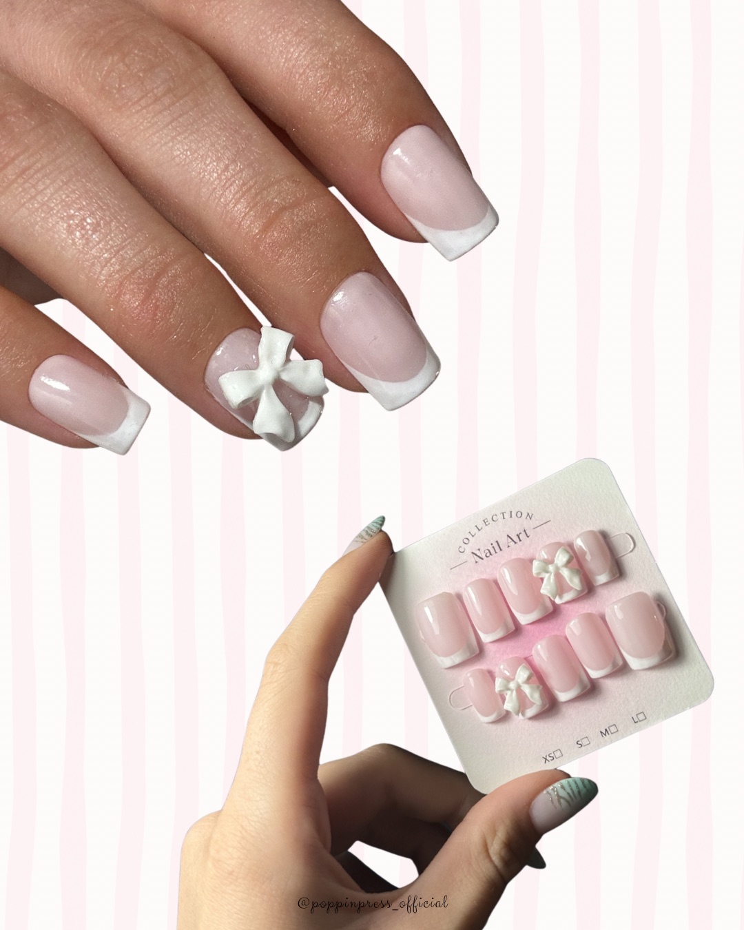 Hand-painted press-on nails in a square shape, Classic white French with a bow design, photo 5