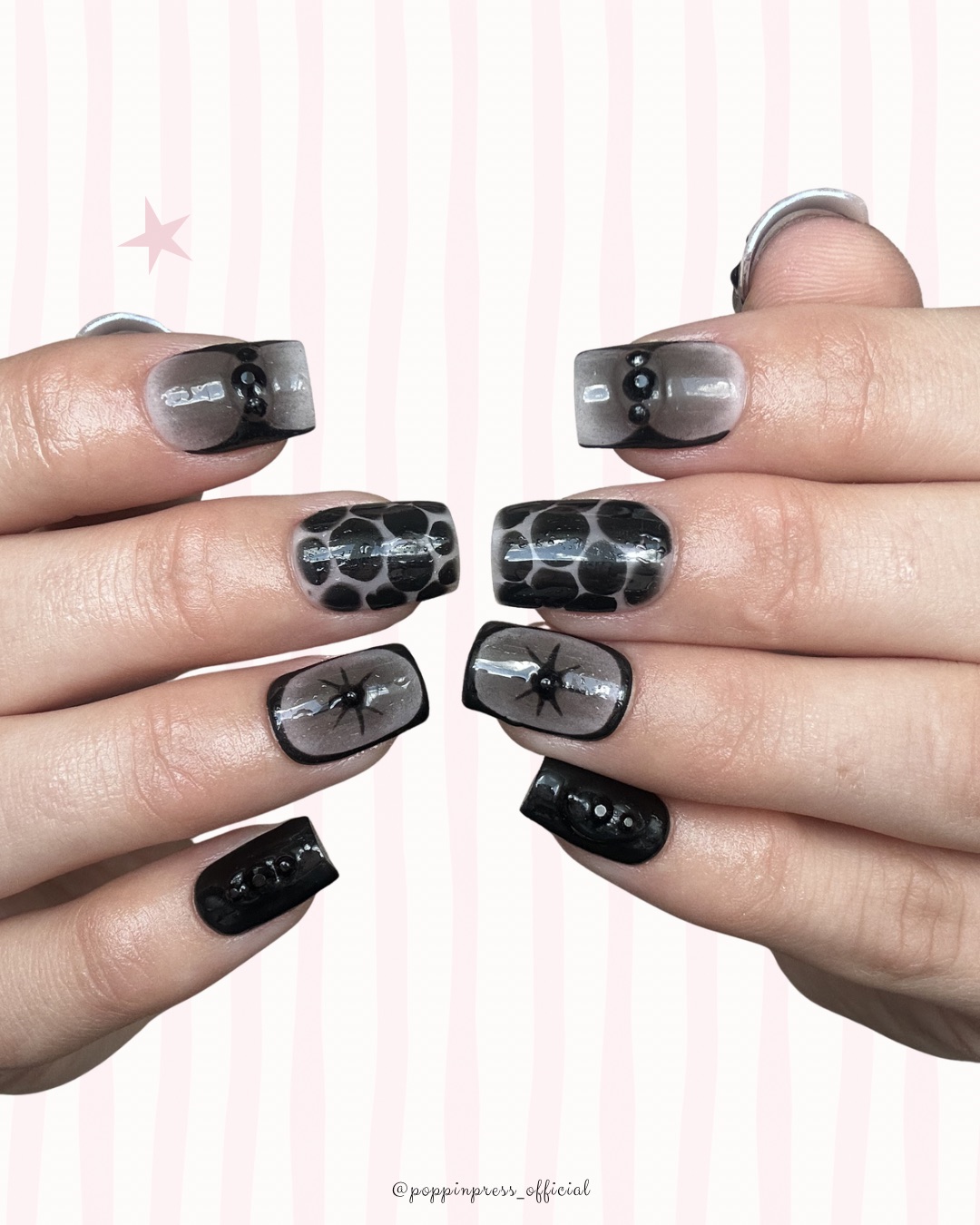 Hand-painted press-on nails in a square shape, Black cat design, photo 5