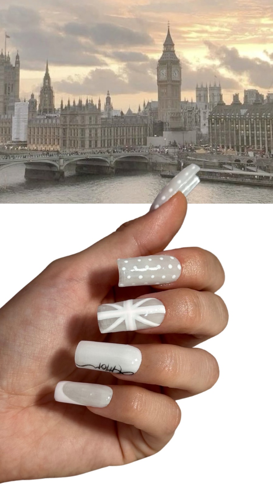 Hand-painted press-on nails in a square shape, London design