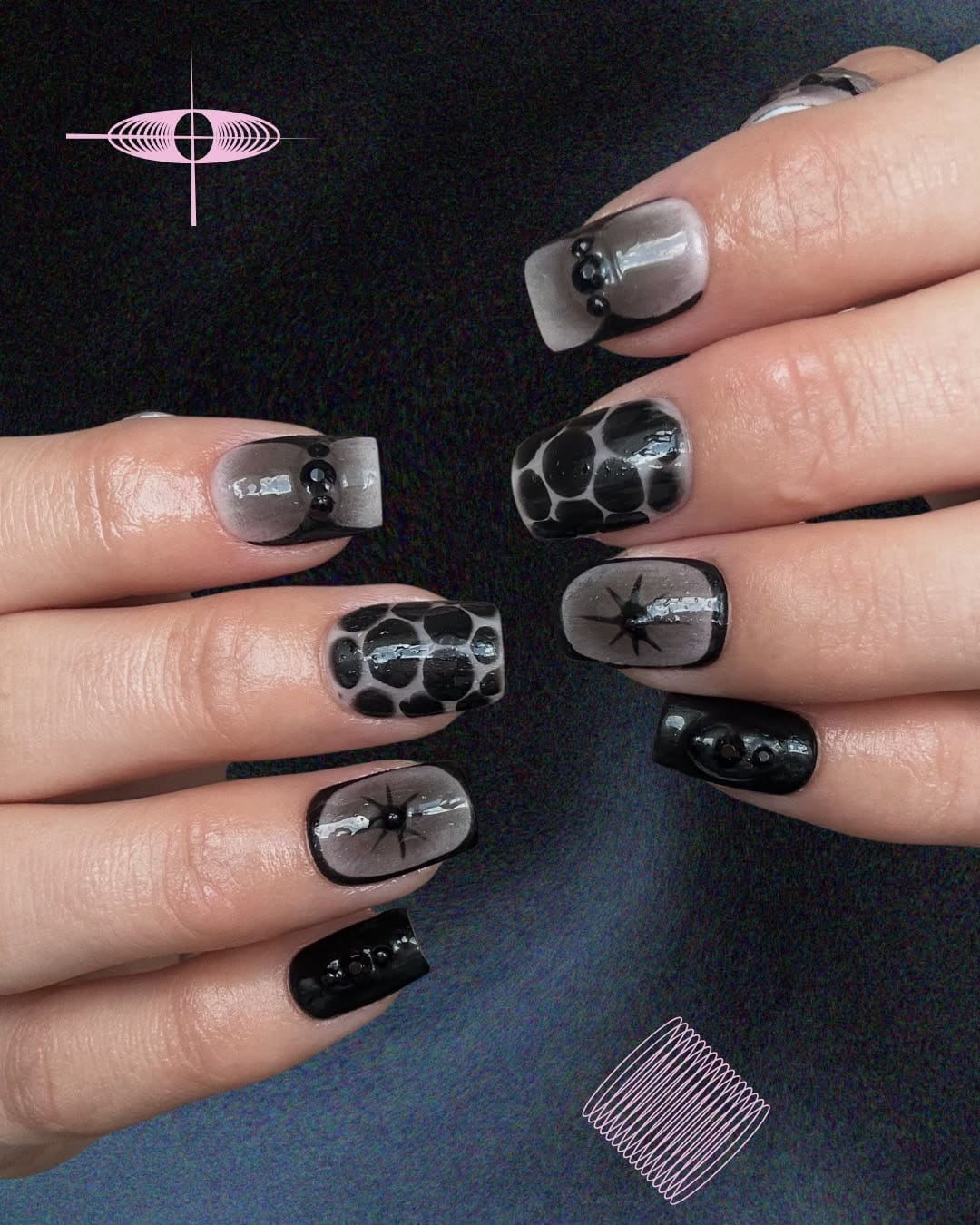 Custom design, black art and 3D dots on a smoky base