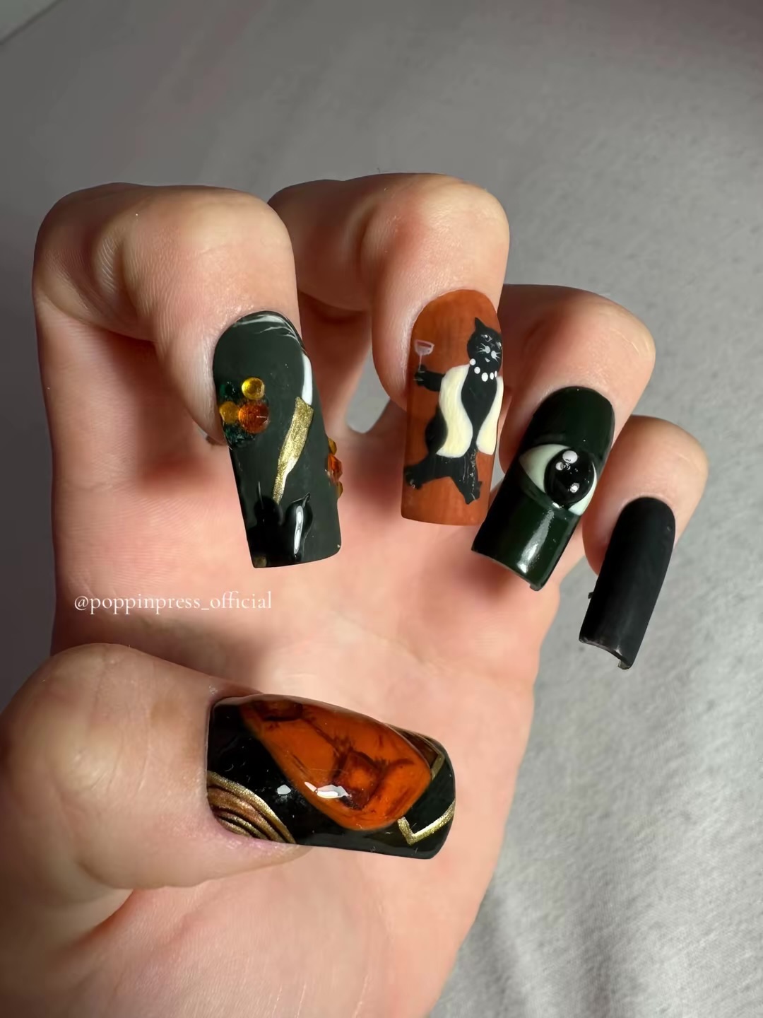 Hand-painted press-on nails in a square shape, MONEY TALK$ design, photo 4