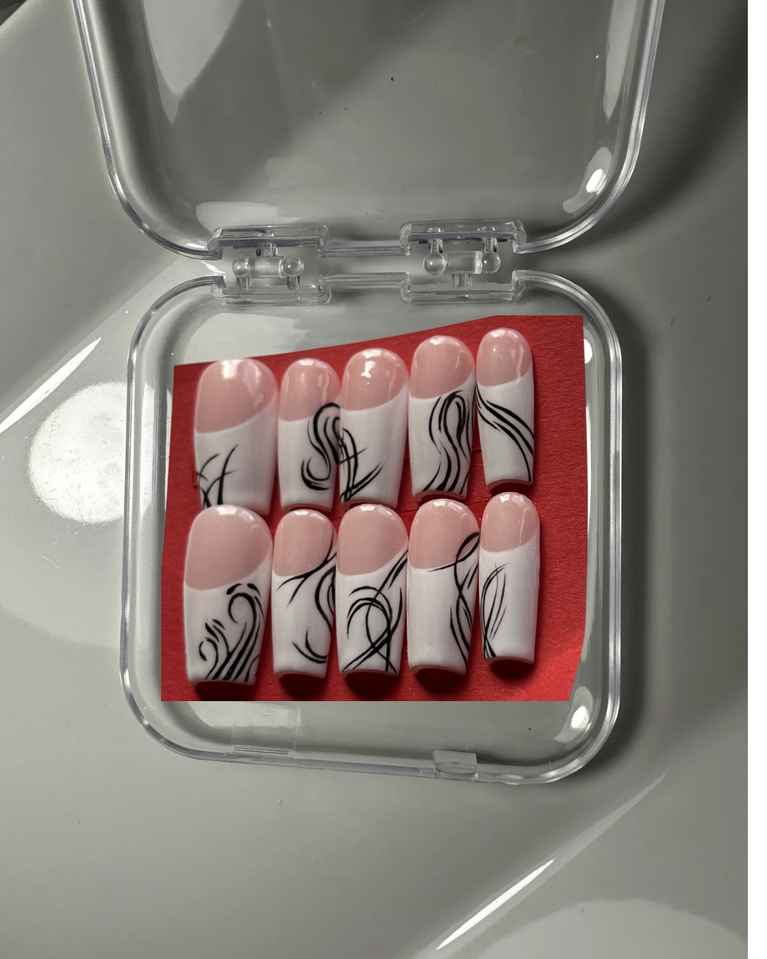 Hand-painted press-on nails in a coffin shape, Tribal French  design